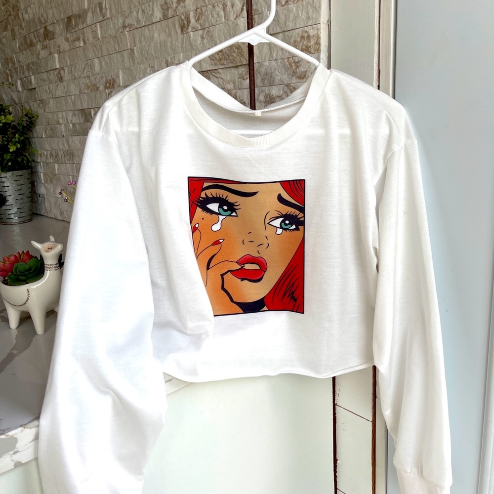 Shein Cropped Long Sleeved Shirt With Crying Girl Print